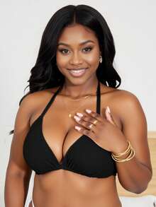 Slaydiva Summer Beach Plus Size Solid Color Textured Swimwear Top - Black - View 3