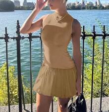 Bubble Dress Women Sleeveless Mock Neck Knit Open Back Dress Bodycon Y2k Party Club Short Dress - 棕色 - 查看 6