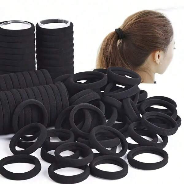 200-100 piezas/Set Lazos de pelo elásticos negros, bandas de goma sin costuras simples para coleta, lazos de pelo elásticos de color sólido para mujeres, cómodos, esenciales para el hogar y los viajes de vuelta a la escuela