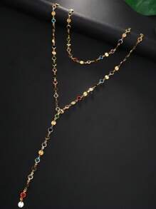 Colar de metal com cristais coloridos de camada dupla, colar de borla de corrente longa da moda para mulheres