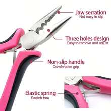 Dụng cụ kẹp tóc nối tóc tại nhà, vòng siêu nhỏ, móc kim, tạo kiểu lông vũ, tự làm, đa năng, bộ dụng cụ đầy đủ gồm 3 món cho máy nối tóc: kìm, dụng cụ kéo kim siêu nhỏ và vòng nối tóc và khóa, kìm ba lỗ màu hồng - Nhiều màu - Xem 6