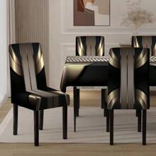 1/4/5/6/7 Stücke Stuhlhussen-Tischdecken-Set, 5 Stücke Set/7 Stücke Set (1 Tischdecke + 4 Stuhlhussen oder 1 Tischdecke + 6 Stuhlhussen) Schwarz und Gold, einfach und retro, elegante und prachtvolle geometrische Druckmuster / Stuhlhussen-Set, geeignet für Inneneinrichtung Zuhause, Restaurant, Hotel, moderne Alltagsdekoration. Tischdecke für quadratische Tische geeignet, elastische Stuhlhussen waschbar