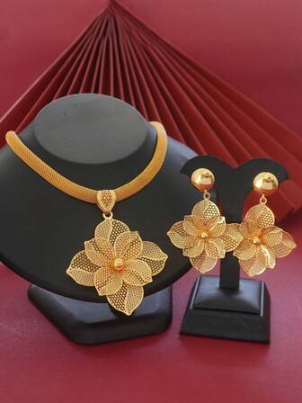 2025 Elegant Bridal 3 Pieces Jewelry Set With Floral Necklace And Earrings, Suitable For Daily Wear