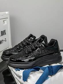 Men's Sparkling Black Diamond Lace-Up Sneakers, Fashionable Casual Sports Shoes With Soft Soles,Role-Playing Shiny Casual Sports Shoes With Black Sequins & Decorative Ribbon, Suitable For College Students