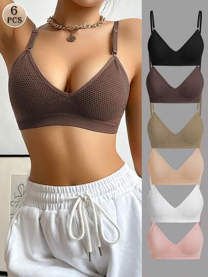 Set de 6 sujetadores de mujer multicolor con cierre trasero, sujetadores cómodos sin alambres y sin relleno con tirantes ajustables, sujetadores sin costuras y sujetadores deportivos