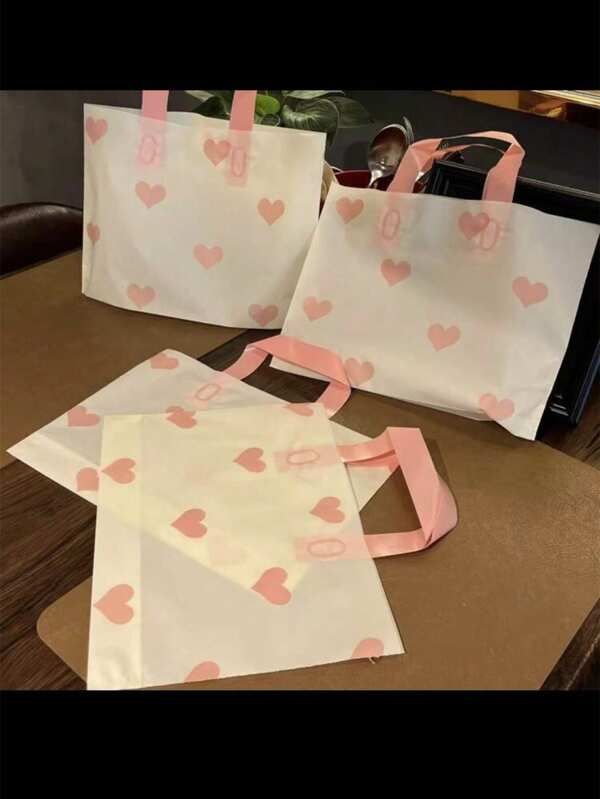 100pcs-Piece Heart-Shaped Pattern Thick Plastic Gift Bags, Reusable, Large Grocery Shopping Bags, The Perfect Choice For Birthday Surprise Gift Packaging. Matte Handbag, Exquisite Matte Finish, Elegant And Portable Carrying Design, Easily Creating A Ceremony-Like Gift-Giving Atmosphere