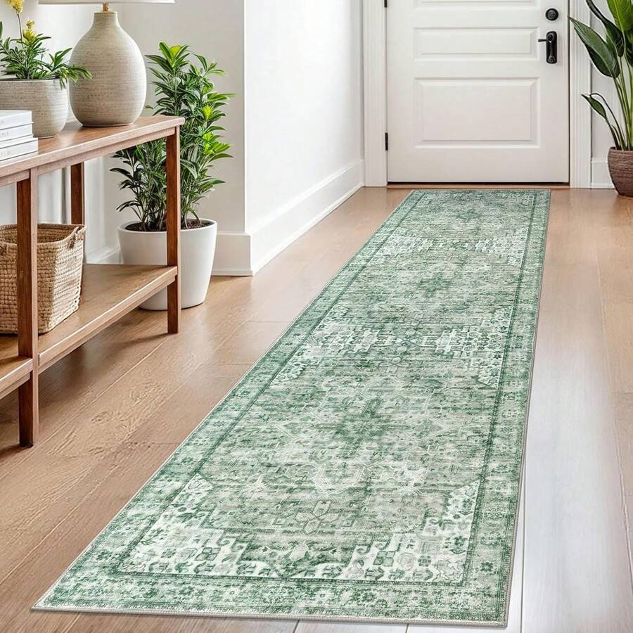 2x8 Sage Green Runner For Hallways, Non-Slip Printed Washable Kitchen Runner, Vintage Boho Rug With Non-Shedding, Soft Medallion Floor Carpet For Laundry Bedroom Entryway - 綠色 - 查看 1