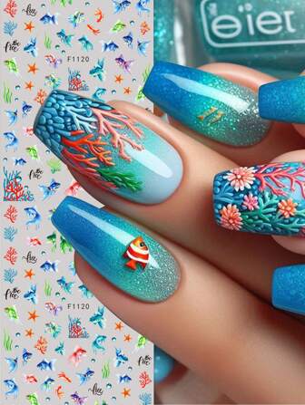 2 Cool Summer Cartoon Marine Creature Nail Art Stickers - Blue, Red, Orange, Green Cartoon Tropical Fish, Coral, Seaweed, Starfish Art Design, 3D Flat Technology, Suitable For Women's Daily Life, Weddings, Festivals, Vacations, Disposable Self-Adhesive Back Adhesive Nail Art Stickers, Summer Ocean Simple, Cartoon, Cute Theme Style, Easy To Stick Nail Decoration Stickers