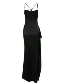 WOWDARK Women's Autumn Ruched Split Satin Formal Dress, Party Dress, Gown, For Evening, Wedding Guest