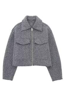 Women's Fashionable Solid Color Turndown Collar Double Pocket Casual Corduroy Soft Wool Jacket, Autumn/Winter - Grey - View 2