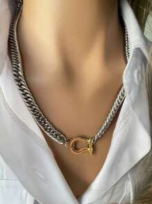 STYLEVER 1 PC Silvery Charm Pendant Necklace,Gold Lock Charm Necklace,Colorful Mountain Climbing Chain, Shackle Charm Necklace,Stainless Steel Chain,U-Shaped Horseshoe Necklace