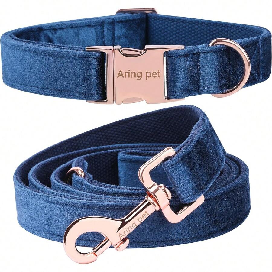 Local Delivery-ARING PET Velvet Dog Collar And Leash Set, Soft Purple Dog Collar And Leash, Adjustable Collars For Dogs - Navy Blue - View 1