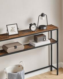 Console pour Couloir, Table de Salon Fine à 2 Niveaux, 20 x 80 x 80 cm/20 x 100 x 80 cm/20 x 120 x 80 cm, Table d'Appoint avec 2 Étagères, pour Salon, Chambre, Marron Rustique et Noir d'encre - Tabac - Voir 3