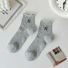 5 pares de calcetines de algodón fino hasta la rodilla para mujer con diseño de lazo, para primavera y verano