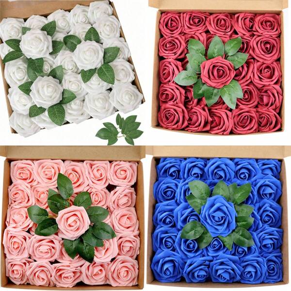 25PCS Real Touch Artificial Roses With Bendable Stems | Premium Wedding Bouquet & Centerpiece Supplies | Multi-Use Home & Party Decor (4-Leaf Design)