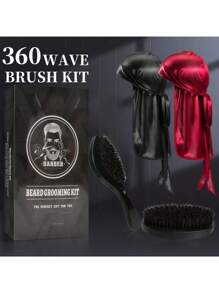 4 In 1 360 Waves Brush Kit For Men & Women, Wave Brush Silky Durag Wave Cap Set - Including 2pcs Durag Caps - Black & Red, And Brush With Wooden Handle, Silky Shine & Training, Curved Brush, Durag Cap Set, Du-Rag Extra Long Tails