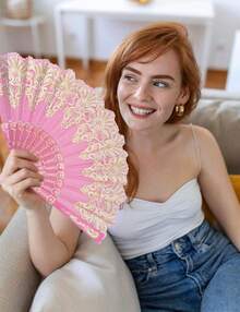 Handheld Chinese Folding Fan Hand Fans For Women Foldable Bulk For Party Wedding Church Dancing (Pink) - Hot Pink - View 8
