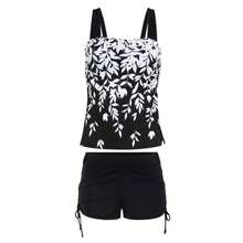 Traje de baño de verano para mujer de 2 piezas, top acolchado con estampado de hojas + shorts con cordón ajustable de color liso para niñas, 5 colores - Blanco - Ver 2