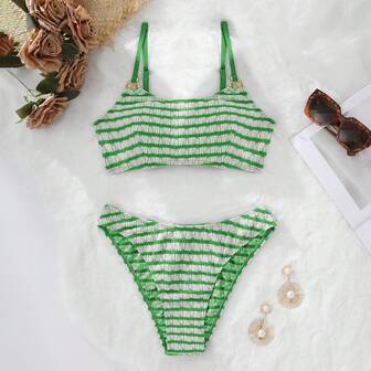 Cute Striped Sexy Bikini Swimsuit, Essential For Summer Beach Holiday