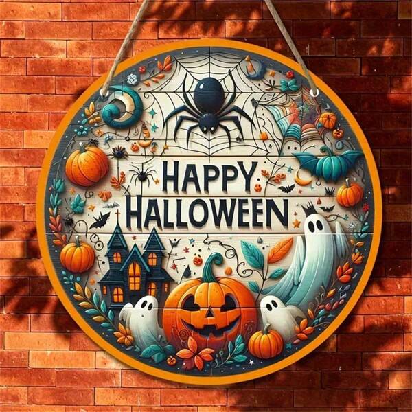 1 Piece Happy Halloween Ghost Pumpkin Castle Wooden Pendant Hanging Decoration, 20cm/7.87inch Round Wooden Sign Plaque Crafts, Festival Hanging Decoration, Home Decoration, Garden Decoration, Room Decoration, Halloween Gifts