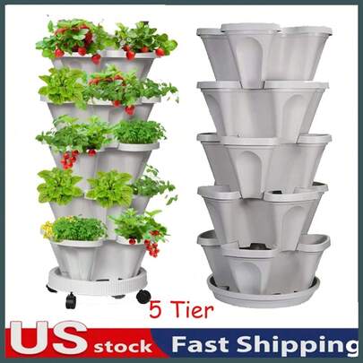 5-Tier Stackable Planters Vertical Planter Garden Flower Pot Planting Container, With Movable Casters And Bottom Saucer Indoor And Outdoor