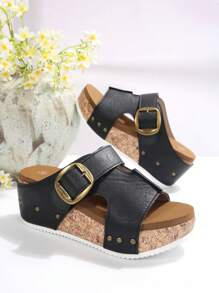 Plus Size Women's Outdoor Peep Toe Single Buckle Decor Soft Bottom Comfortable Platform Wedge Sandals, European & American Style, Summer