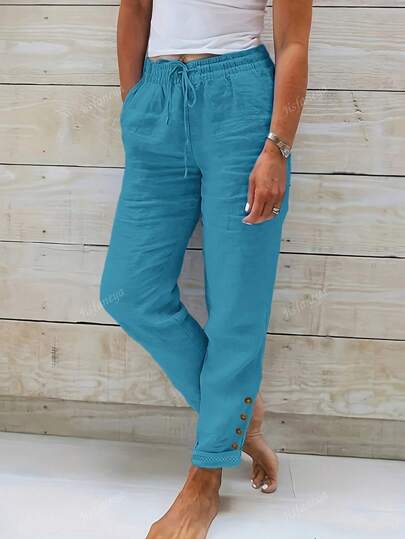 Drawstring Waist Slant Pocket Button Decor Casual Tapered Pants