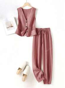 Set di camicia e pantaloni casual in lino da donna, adatto per vacanze primavera/estate