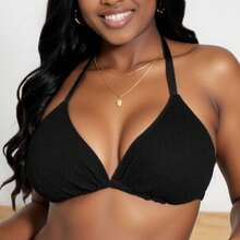 Slaydiva Summer Beach Plus Size Solid Color Textured Swimwear Top - Black - View 5