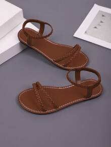 女士圆头时尚编织带凉鞋，纯色，舒适鞋底，适合居家或户外穿着，夏季