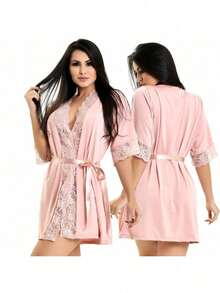 Hobby Robe Women's Sexy Microfiber Lace Sleeve Bathrobe Nursing Robe - 乾枯玫瑰色 - 查看 1