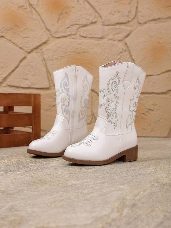 A Pair Of Kids' And Girls' Boots - High/Mid-Calf Western Cowboy Boots With Pointed Toes, Side Zippers, Heels, Perfect For Photo Shoots And Parties
