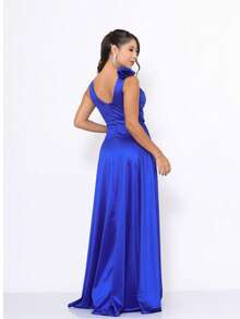 Long Satin Bridesmaid Dress With Flower Detail - Royal Blue - View 5