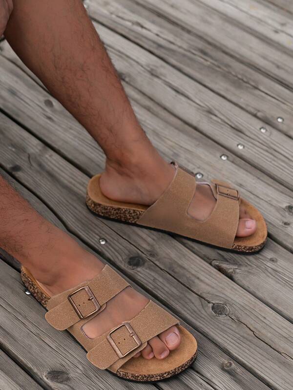 Sandali a fascia uomo, colore unito, tomaia in pelle, supporto plantare, suola in sughero morbida, ciabatte da spiaggia confortevoli, adatte per uso quotidiano, passeggiata, casual, taglie grandi, cinturino regolabile con decorazione fibbia in metallo, disponibili nei colori bianco, nero, marrone, taglie 37-47 unisex