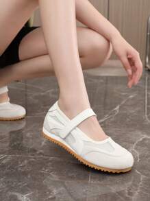 Zapatos planos de patchwork sencillos para mujer, sandalias casuales de malla con empalme de puntera redonda y slip-on para el verano