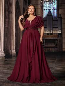 Elegant Plus Size Women Summer Sequin Formal Evening Gowns Spring Bridesmaid Wedding Guest Prom Cocktail Party Maxi Dresses Chiffon Gala Banquet Fall - Burgundy - View 1