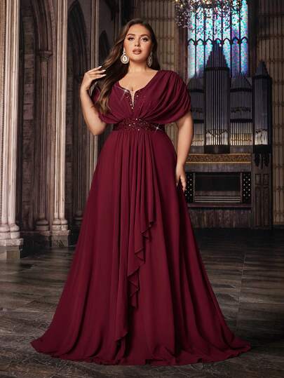 Classic Style Plus Size Women Summer Formal Dress Evening Gowns Upscale Party Dresses For Party, Birthday, Dinner Chiffon Short Sleeve Sequin Splicing Long Dresses Wedding Spring