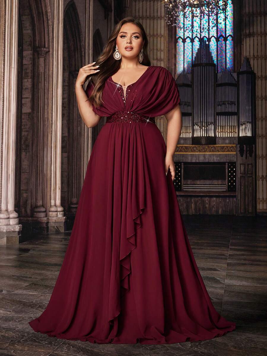 Elegant Plus Size Women Summer Sequin Formal Evening Gowns Spring Bridesmaid Wedding Guest Prom Cocktail Party Maxi Dresses Chiffon Gala Banquet Fall - Burgundy - View 1