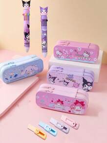 Sanrio Set de 7 piezas - Estuche/caja de lápices de gran capacidad de doble capa de Sanrio, que incluye 1 caja de artículos de papelería, 2 bolígrafos, 4 gomas de borrar de presión, Set de caja de artículos de papelería de Kuromi, un gran regalo para volver a la escuela para niños