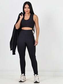 TRIO - 3 Piece Fitness Kit Bomber Jacket + Top + Dry Fit Pants - Black - View 4