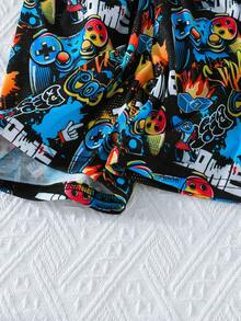 Conjunto de 2 piezas de niños de 4 a 7 años con estampado de dibujos animados, incluyendo blusa de manga corta linda + pantalones cortos casuales, conjunto deportivo de moda - Negro - Ver 5