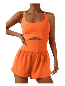 Womens Running Workout Rompers Athletic Romper One Piece Outfits Exercise Jumpsuits Gym Yoga Clothes - trái cam - Xem 1