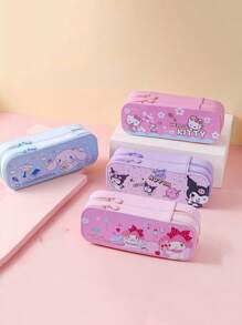 Sanrio Set de 7 piezas - Estuche/caja de lápices de gran capacidad de doble capa de Sanrio, que incluye 1 caja de artículos de papelería, 2 bolígrafos, 4 gomas de borrar de presión, Set de caja de artículos de papelería de Kuromi, un gran regalo para volver a la escuela para niños
