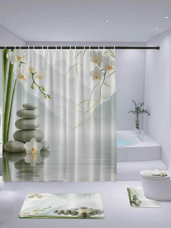 1/4pcs Zen Rock & Orchid Design Shower Curtain, Modern Personalized Bathroom Decor, Waterproof Fabric Shower Curtain Set (With 12 Hooks), Non-Slip Bathroom Rug, U-Shaped Toilet Mat, Toilet Seat Cover, Bathroom Decoration Back To School