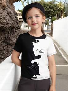 تي شيرت قصير الأكمام مطبوع رقميًا بتصميم القط التائجي ثلاثي الأبعاد، قطعة ملابس كاجوال خفيفة الوزن ومنفذة للهواء للارتداء في الأماكن المفتوحة