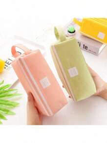 1 pezzo Astuccio portamatite multicolore giallo verde rosa blu, a doppio strato, di colore solido, con grande capacità, per conservare la cancelleria, portatile e semplice, con doppia cerniera, per matite, gomme e penne, forniture scolastiche, per il ritorno a scuola