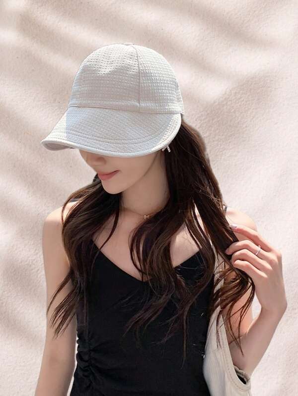 1 pieza Sombrero de cubo de mujer de moda | Sombrero de protección solar de textura de gofre de unicolor | Sombrero de playa de verano para todo el año sin elástico con cierre ajustable | Sombrero de sol para exteriores de playa