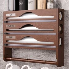 1 件竹制保鲜膜分配器，3 层铝箔分配器，带纸巾架铝箔和保鲜膜整理器，适用于厨房-返校