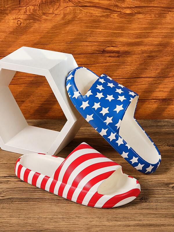 Men's Breathable Comfortable Lightweight, Red & Blue Striped US Flag Pattern Round Toe Low Top Slip-On Flat Sandals, Suitable For Indoor/Outdoor, Commute, Casual, Beach, Pool, Bathroom, All Season, One-Piece EVA Flip Flops