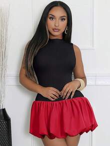 Bubble Dress Women Sleeveless Mock Neck Knit Open Back Dress Bodycon Y2k Party Club Short Dress - Hitam Merah - View 5
